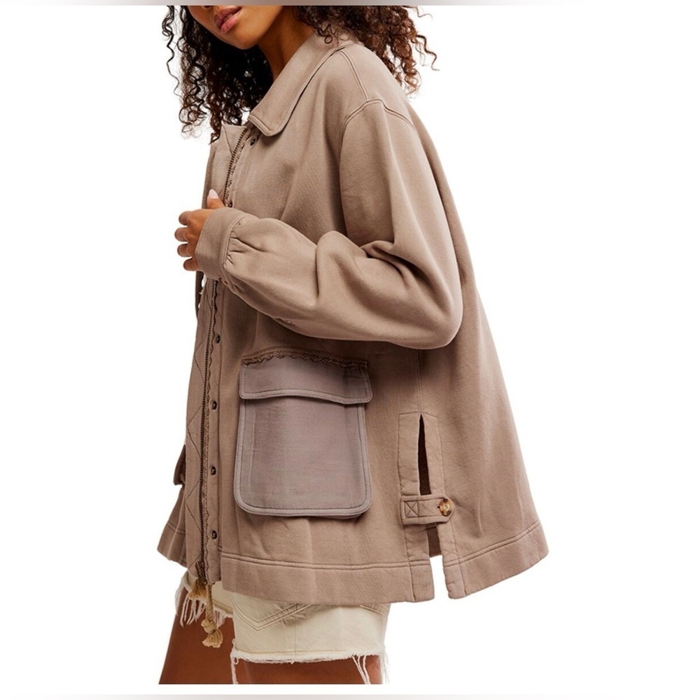 Free People Oversized Snap Front Shacket Jacket NWT Small Dusted Cocoa size S - Picture 4 of 16